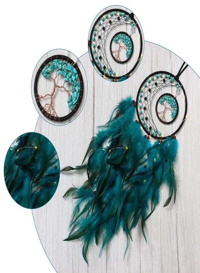 KHOYIME LED Dream Catcher Light Up Tree of Life Dreamcatcher with Healing Crystal Stone Handmade Feather Wall Hanging for Bedroom Bohemian Home Decor Wedding Ornament Craft Gift (Blue&Green) - Image 5
